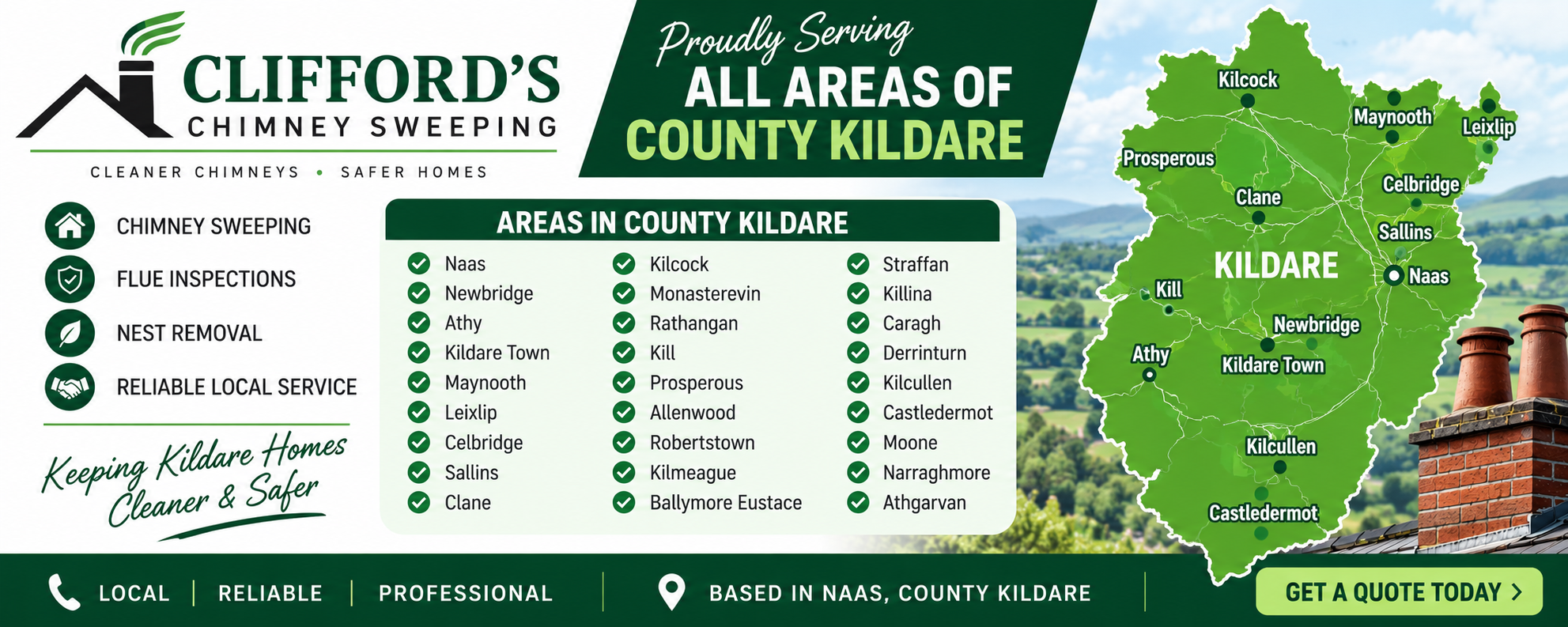 Chimney Sweep Kildare - Clifford's Chimney Sweeping areas covered across Naas, Newbridge, Athy, Kildare Town, Maynooth, Celbridge, Leixlip and County Kildare