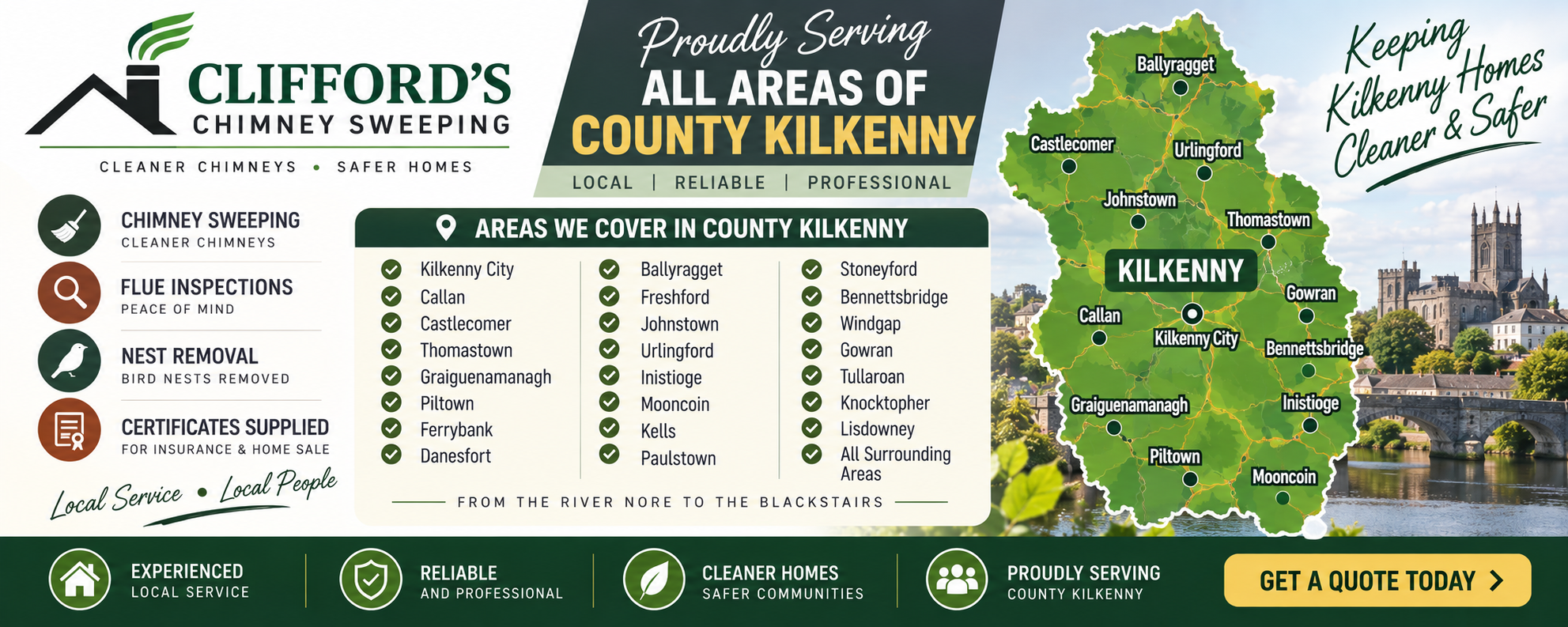 Chimney Sweep Kilkenny - Clifford's Chimney Sweeping covering Kilkenny City, Callan, Thomastown, Castlecomer, Graiguenamanagh and County Kilkenny