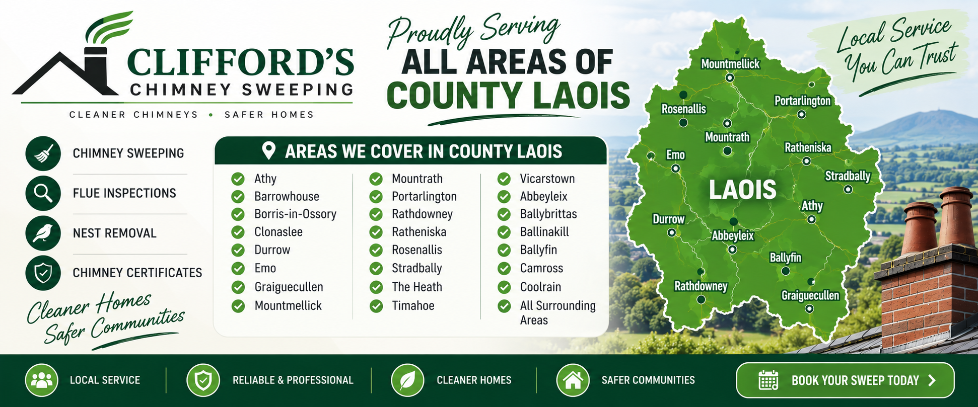 Chimney Sweep Laois - Clifford's Chimney Sweeping covering Portlaoise, Portarlington, Mountmellick, Abbeyleix, Mountrath, Stradbally and County Laois
