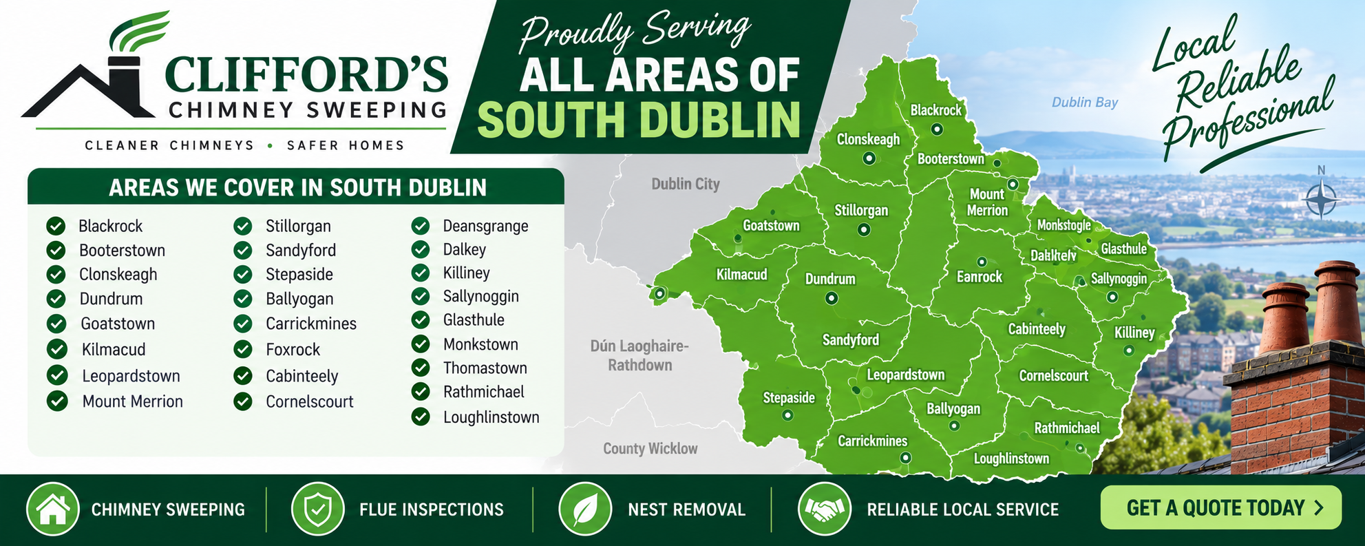 Chimney Sweep South Dublin - Clifford's Chimney Sweeping covering Dundrum, Rathfarnham, Blackrock, Stillorgan, Foxrock, Dalkey, Killiney and South Dublin