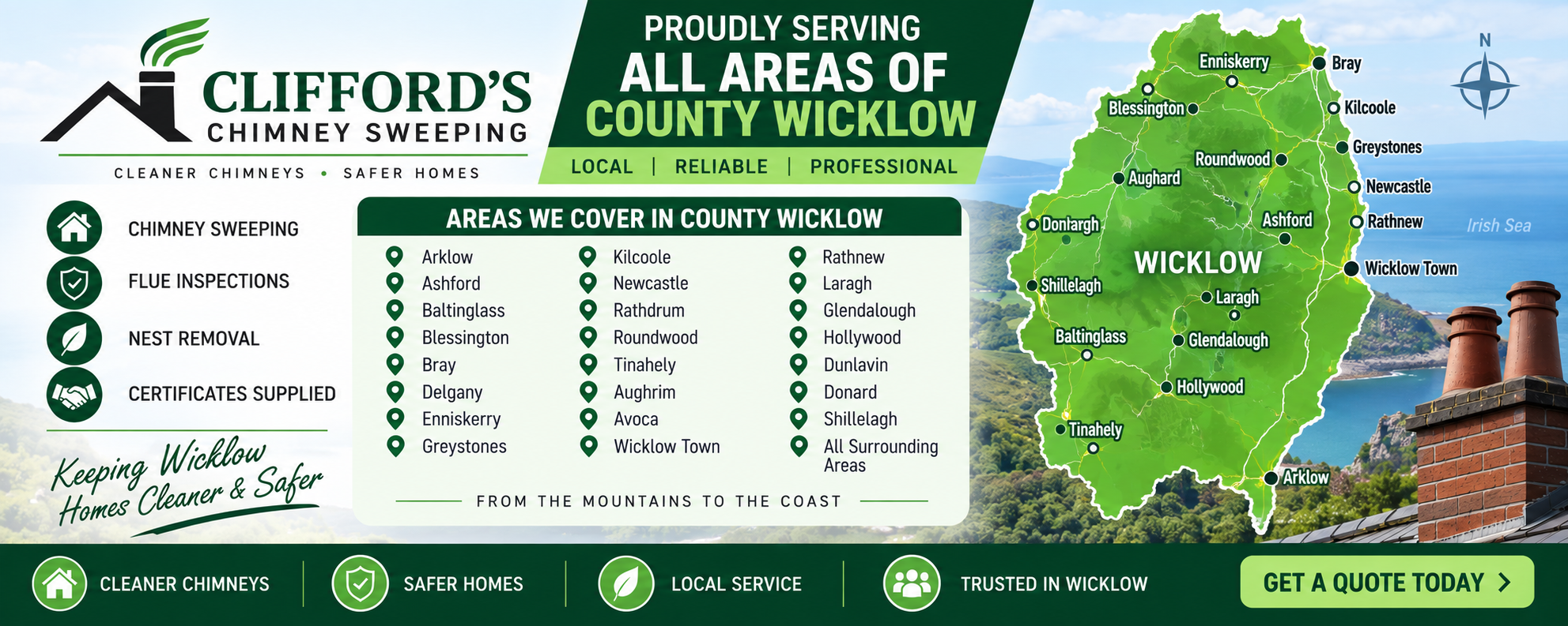 Chimney Sweep Wicklow - Clifford's Chimney Sweeping covering Blessington, Bray, Wicklow Town, Greystones, Baltinglass, Rathdrum, Arklow and County Wicklow